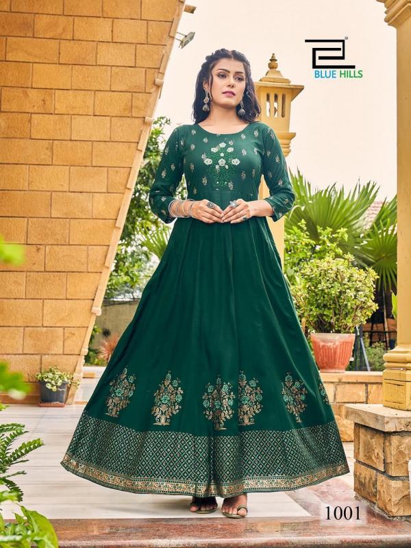 Blue Hills Enagage Designer Heavy Rayon Long Anarkali Kurti For Festival Wear Collection